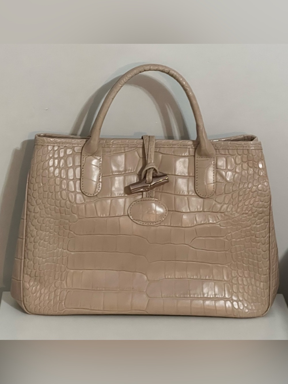 Longchamp Croc-Embossed Leather Satchel in Light Blush